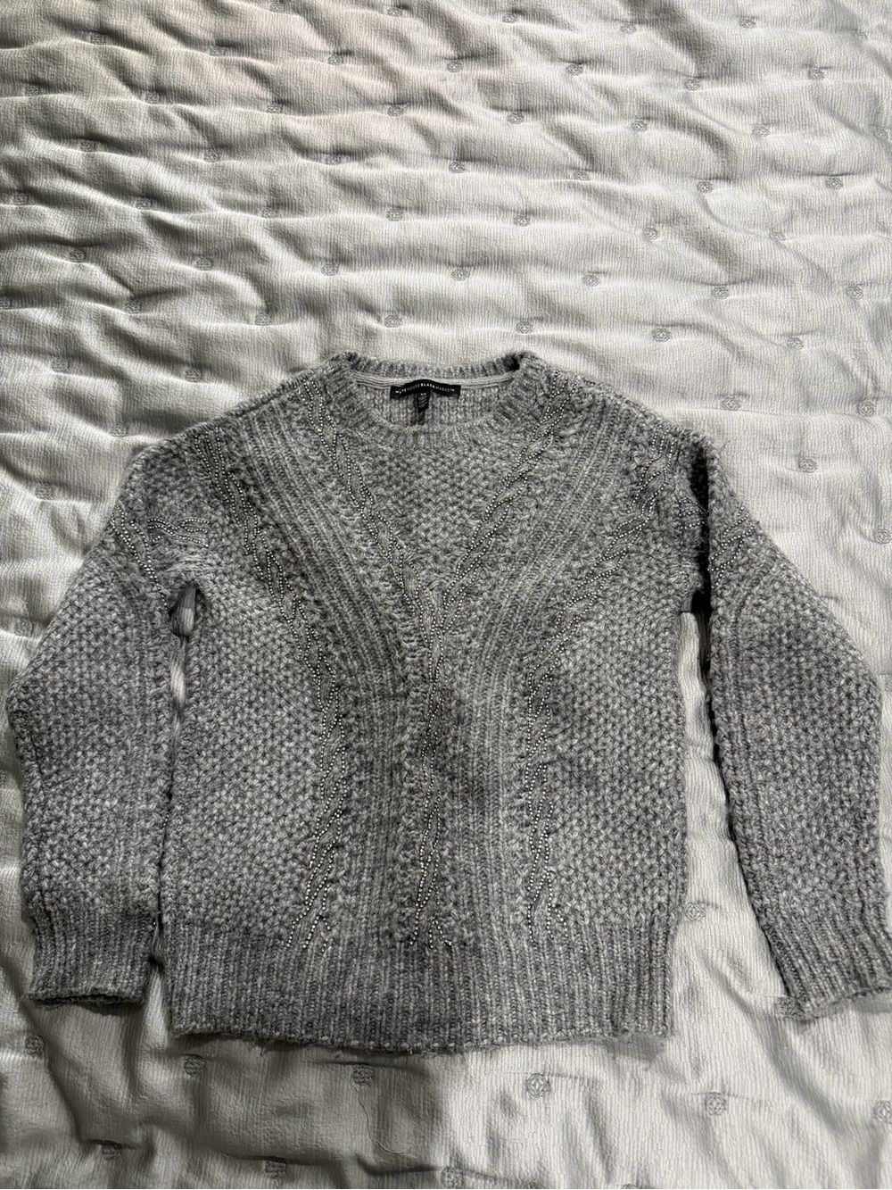 White House Black Market Gray Textured Cable Crewneck Sweater